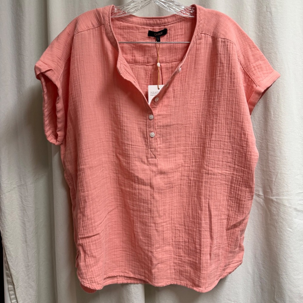 Quince Organic Cotton Gauze Short Sleeve Henley Top Coral Pink Large NWT
